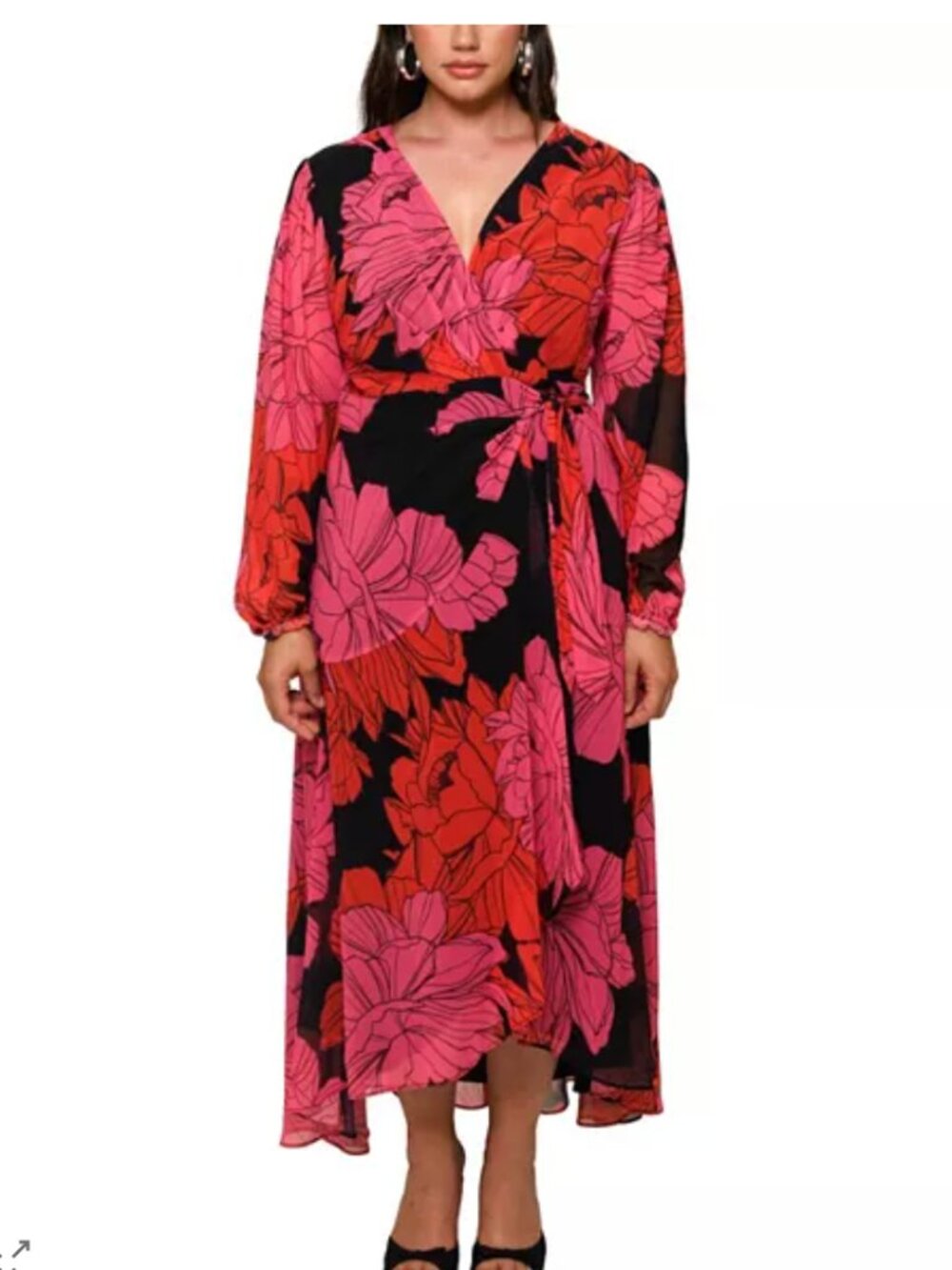 NWT Hutch Bridge Long Sleeve Wrap Dress Floral Red Pink Black Size 1X